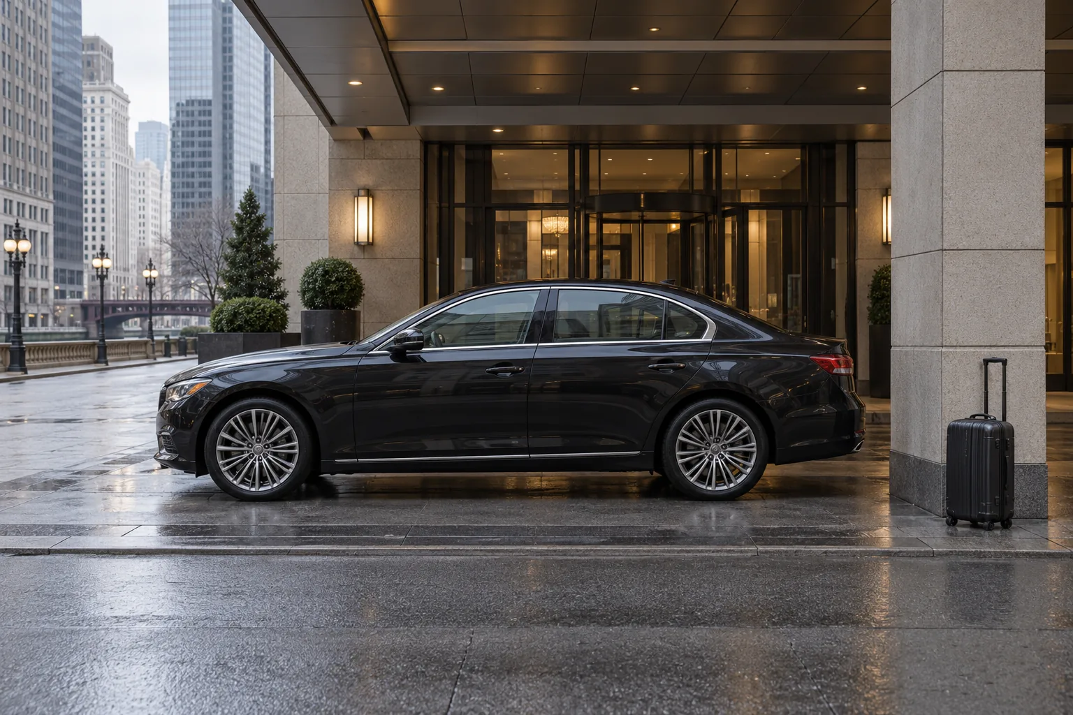 Dark sedan beside a suitcase at a covered downtown hotel entrance