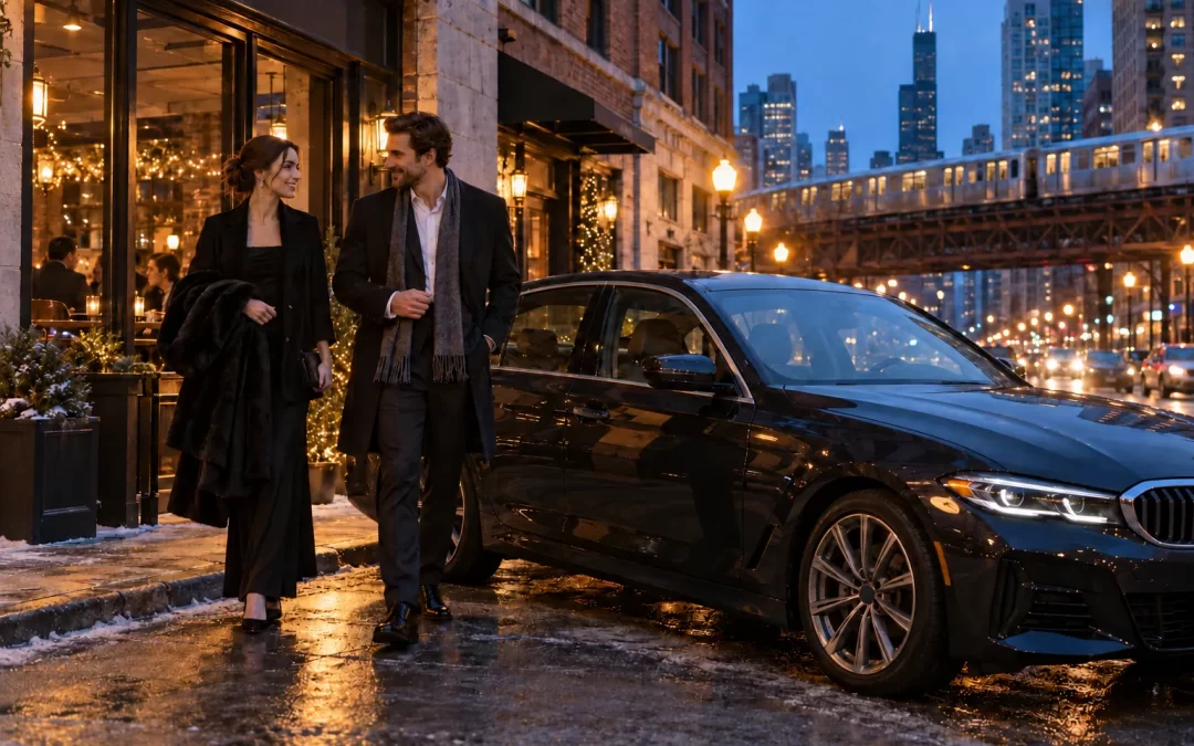Two adults in evening clothes beside a dark sedan outside a downtown restaurant