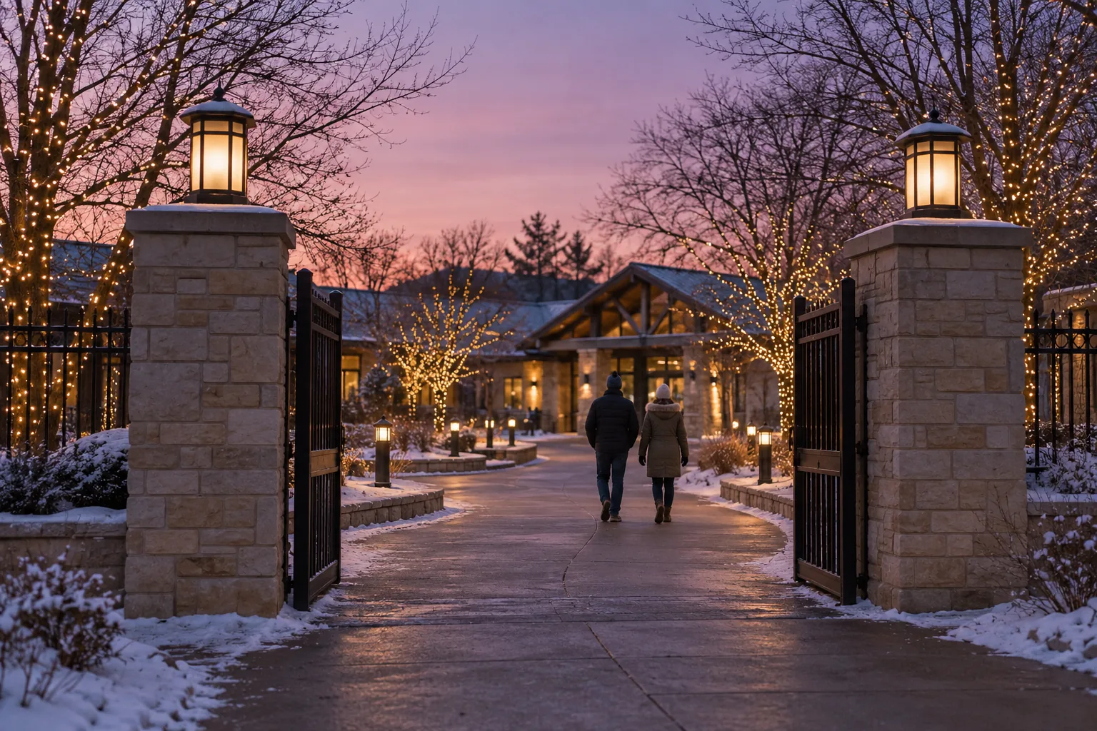 Stone gateposts and a pedestrian walkway with modest lights on bare trees