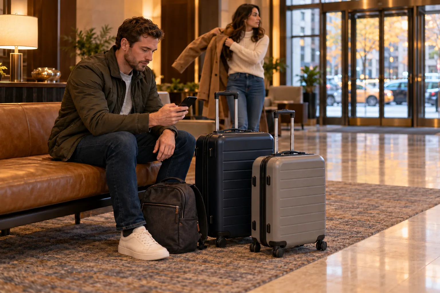 Rolling suitcases and a backpack beside a hotel bench with travelers preparing to leave