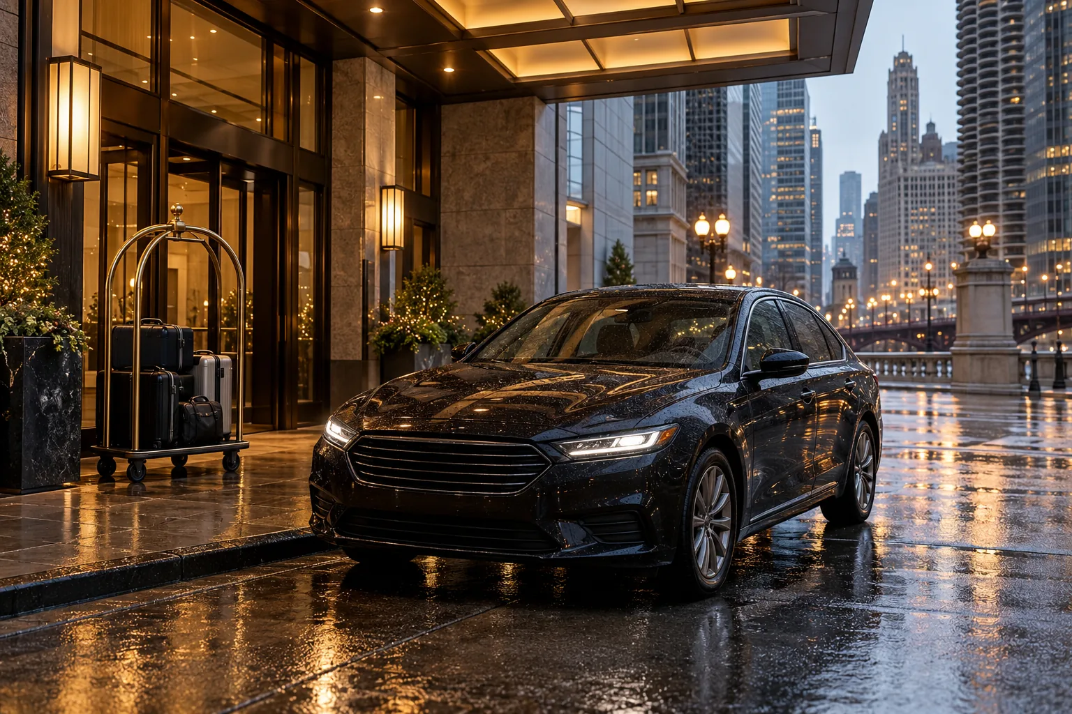 An unbranded sedan and luggage trolley outside a representative Chicago hotel on a wet street