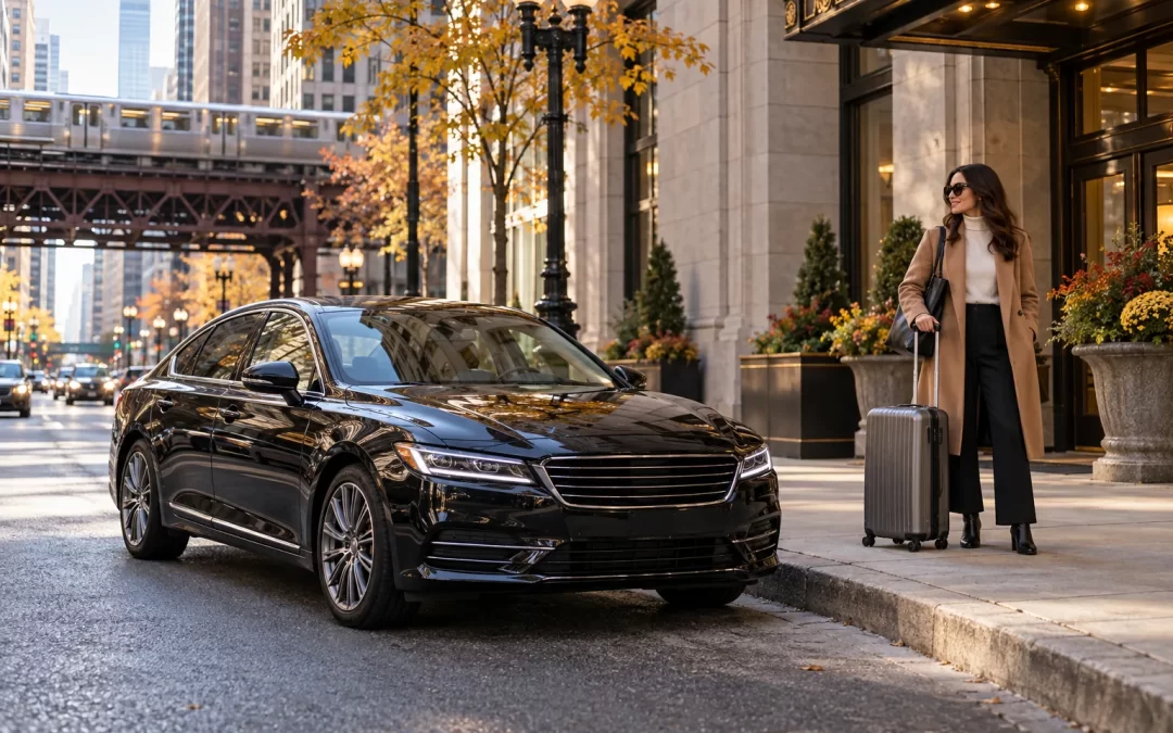 Traveler with a suitcase beside a black sedan at a downtown Chicago hotel curb
