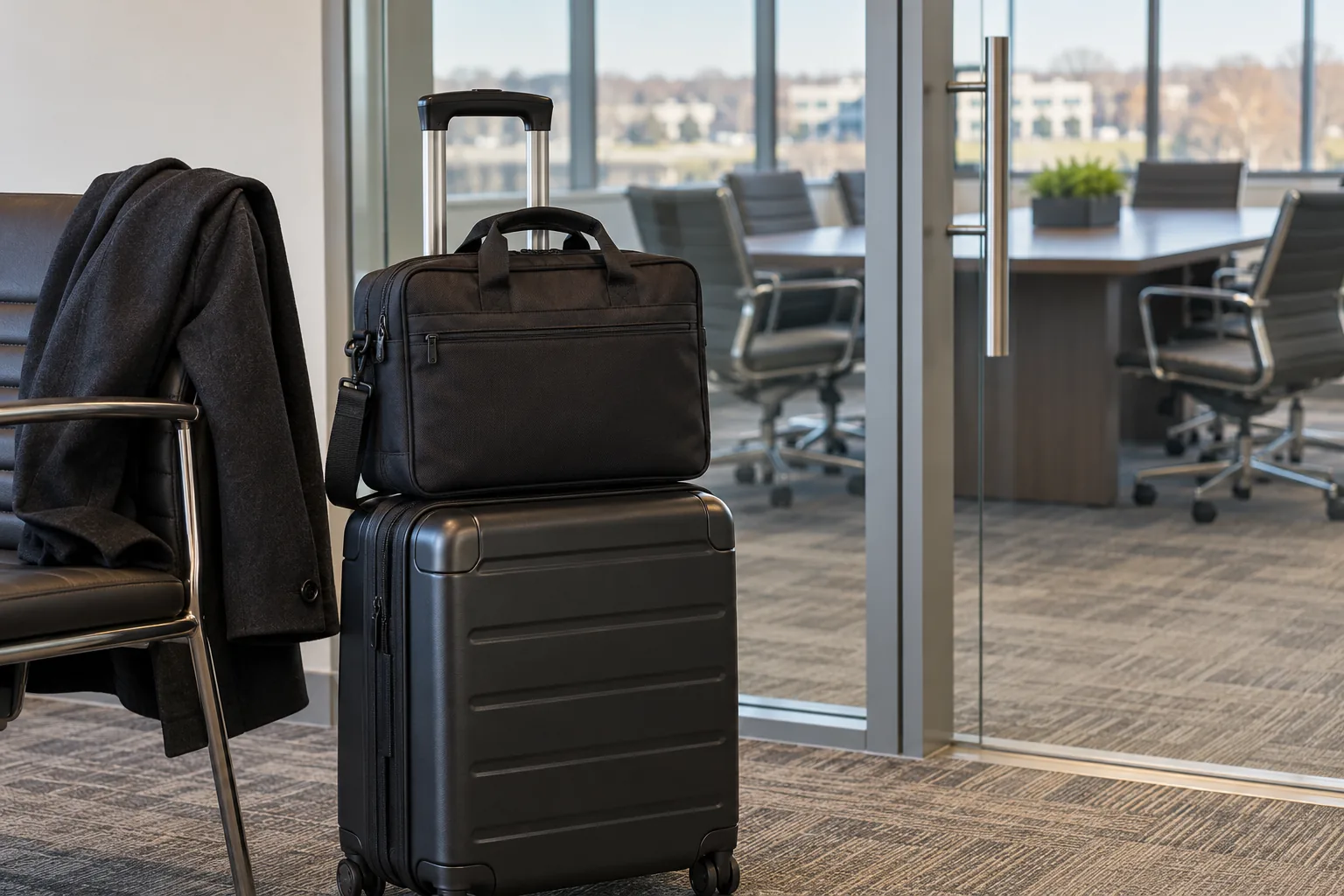 Laptop bag on a rolling suitcase beside a coat and a glass-walled conference room