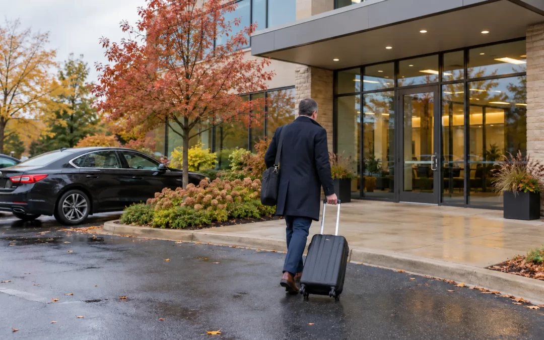A business traveler rolling a suitcase toward a suburban office entrance with a sedan nearby