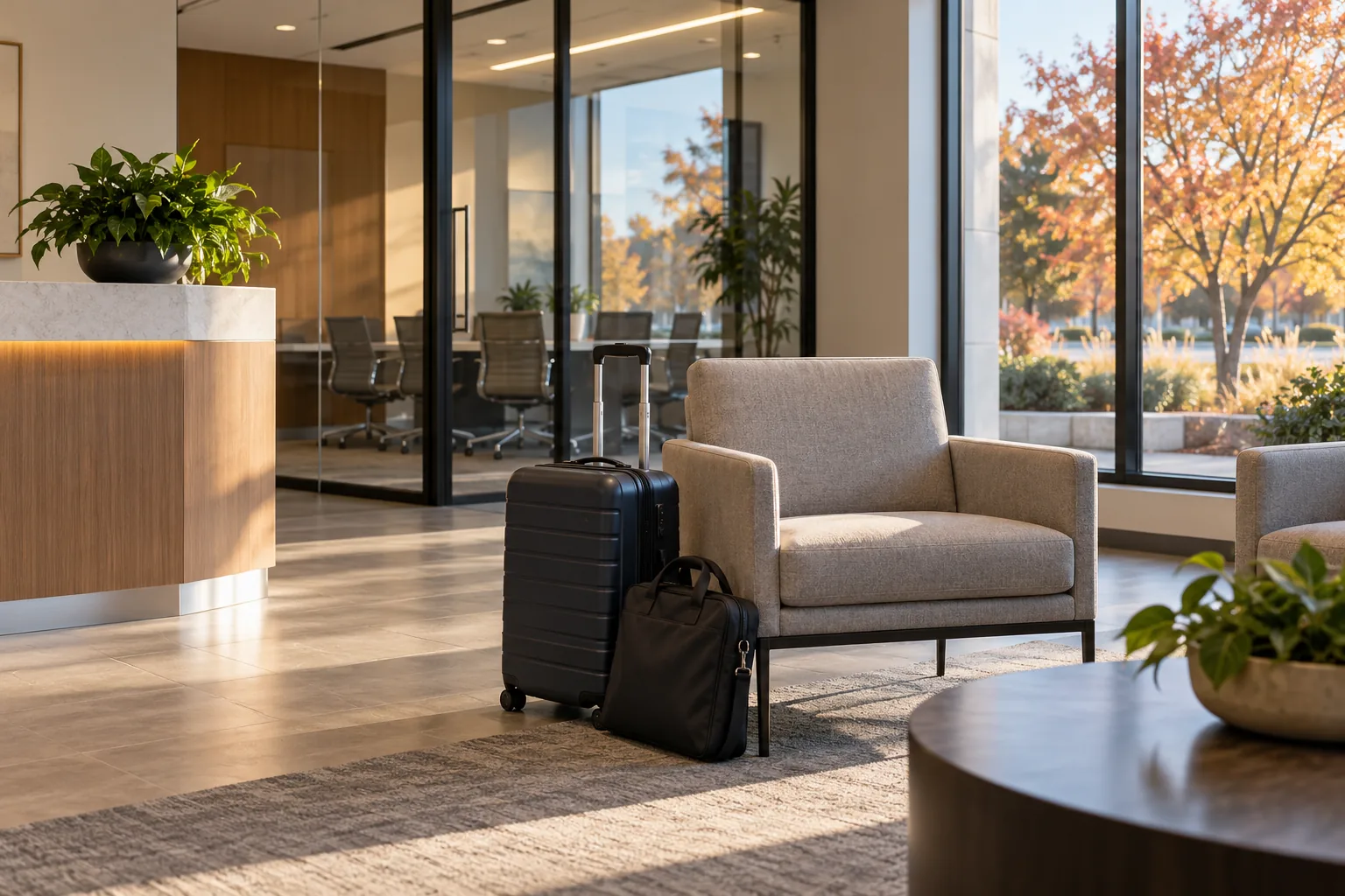 A suitcase and laptop bag beside a chair in a sunlit office reception area