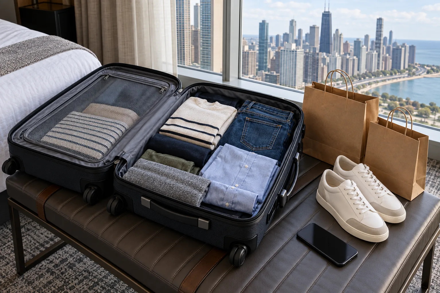 Open suitcase with clothing, plain shopping bags and shoes on a hotel luggage bench