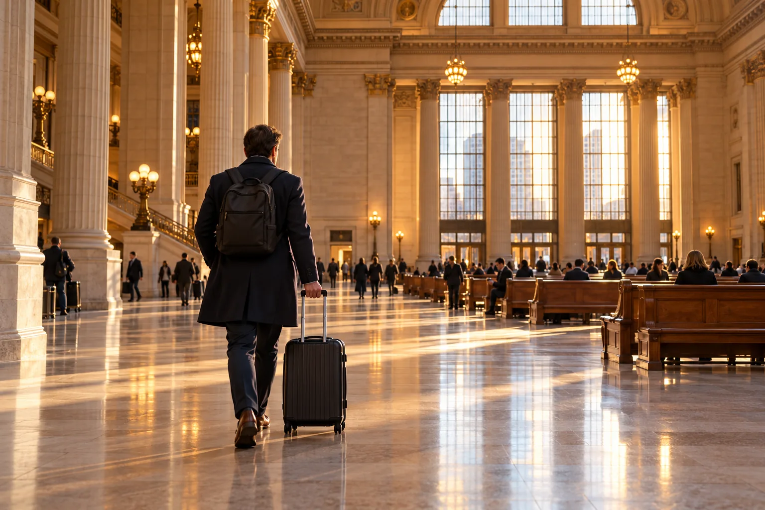 Traveler pulling a suitcase through a monumental Chicago station-inspired waiting hall