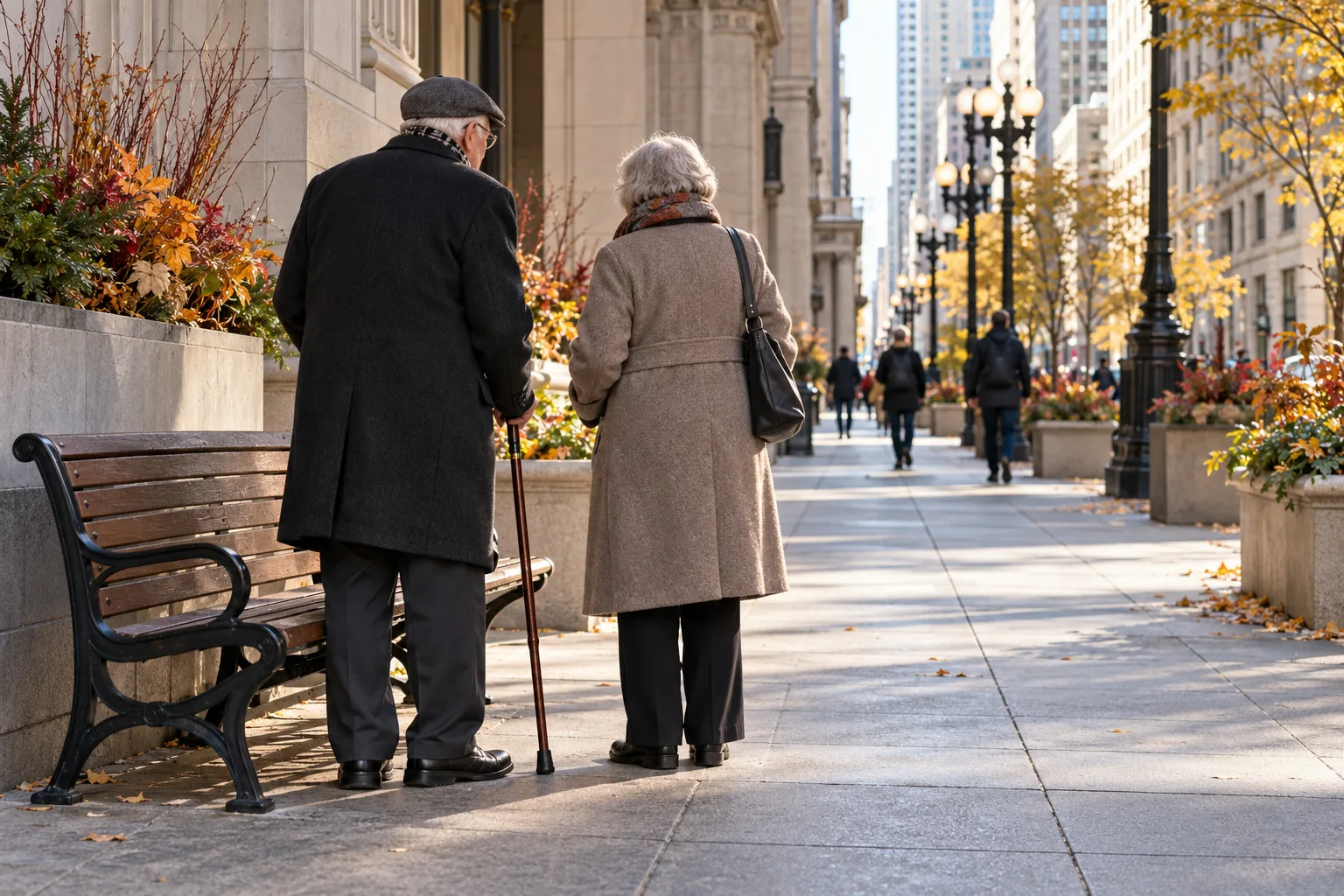 Two older adults, one using a cane, beside a bench on a Chicago sidewalk