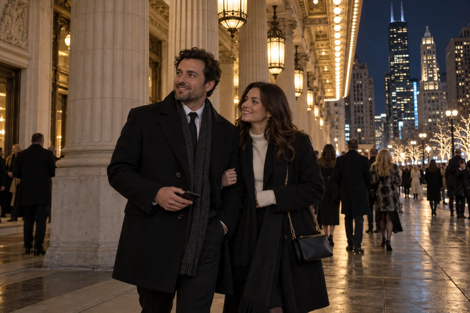 Two guests in winter coats standing under a limestone theatre-style colonnade at night
